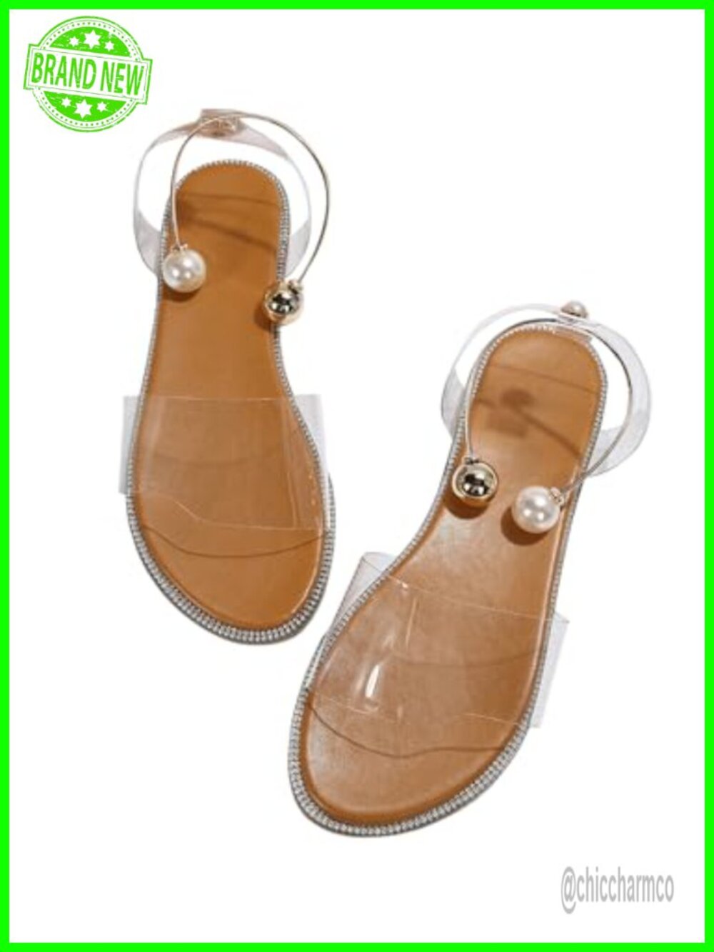 Pearl Decor Clear Straps Open Toe Flat Sandals PU Leather